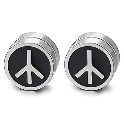 Steel Magnetic Anti-War Peace Sign Circle Stud Earring Black Enamel, Non-Piercing Cheater Fake Ear - coolsteelandbeyond