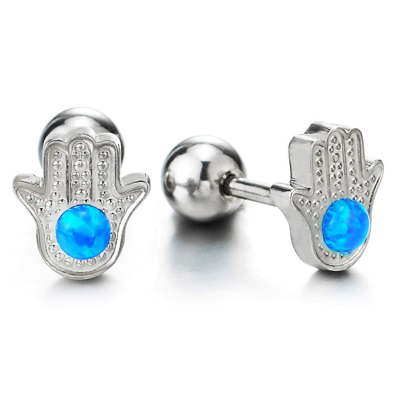 Steel Men Womens Dotted Hamsa Hand of Fatima Stud Earrings with Blue Gem Stone Bead Screw Back - COOLSTEELANDBEYOND Jewelry