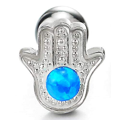 Steel Men Womens Dotted Hamsa Hand of Fatima Stud Earrings with Blue Gem Stone Bead Screw Back - COOLSTEELANDBEYOND Jewelry