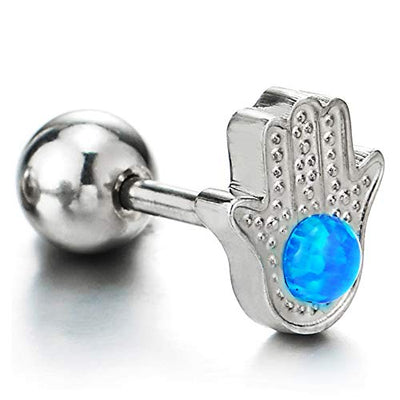 Steel Men Womens Dotted Hamsa Hand of Fatima Stud Earrings with Blue Gem Stone Bead Screw Back - COOLSTEELANDBEYOND Jewelry