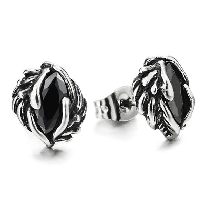 Steel Mens Womens Vintage Leaf Wave Dome Stud Earrings with Marquise Black Cubic Zirconia, 2pcs - coolsteelandbeyond