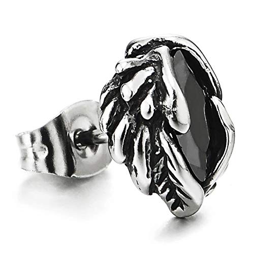 Steel Mens Womens Vintage Leaf Wave Dome Stud Earrings with Marquise Black Cubic Zirconia, 2pcs - coolsteelandbeyond