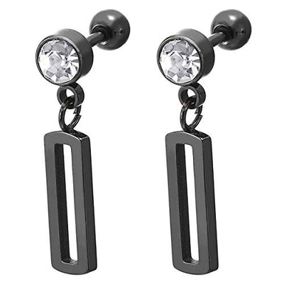 Steel Solitaire CZ Black Circle Stud Earrings with Dangling Open Rectangle, Men Women, Screw Back - coolsteelandbeyond