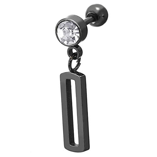 Steel Solitaire CZ Black Circle Stud Earrings with Dangling Open Rectangle, Men Women, Screw Back - coolsteelandbeyond