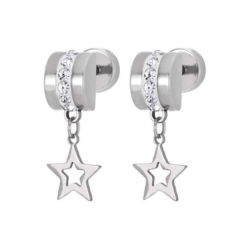 Steel Womens Half Ball Stud Earrings with Cubic Zirconia and Dangling Open Star, Screw Back, 2pcs - COOLSTEELANDBEYOND Jewelry