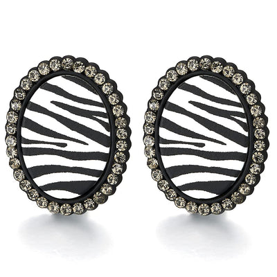 Stylish Black Oval Statement Stud Earrings with Zebra Stripes Print and Grey Cubic Zirconia Party - COOLSTEELANDBEYOND Jewelry