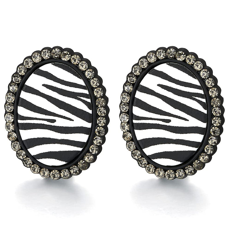 Stylish Black Oval Statement Stud Earrings with Zebra Stripes Print and Grey Cubic Zirconia Party - COOLSTEELANDBEYOND Jewelry