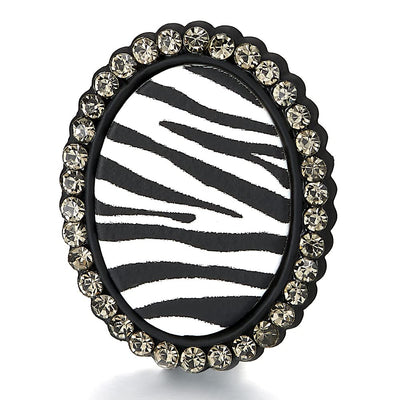 Stylish Black Oval Statement Stud Earrings with Zebra Stripes Print and Grey Cubic Zirconia Party - COOLSTEELANDBEYOND Jewelry