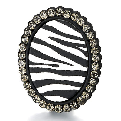 Stylish Black Oval Statement Stud Earrings with Zebra Stripes Print and Grey Cubic Zirconia Party - COOLSTEELANDBEYOND Jewelry