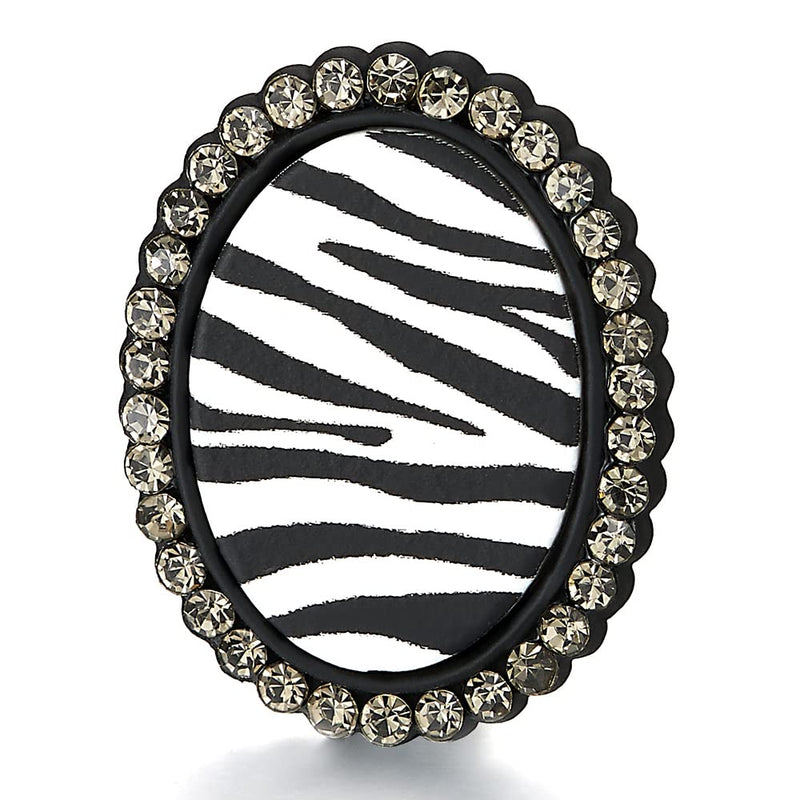 Stylish Black Oval Statement Stud Earrings with Zebra Stripes Print and Grey Cubic Zirconia Party - COOLSTEELANDBEYOND Jewelry