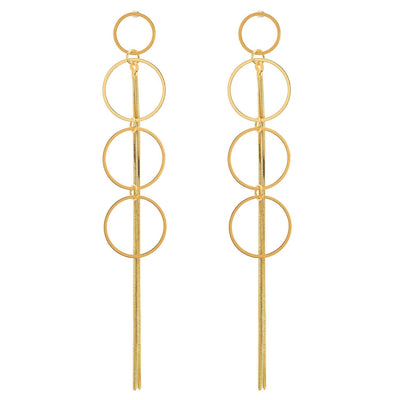 Stylish Gold Color Statement Earrings 4 Circles Link Long Tassel Drop Dangle, Banquet Party - COOLSTEELANDBEYOND Jewelry