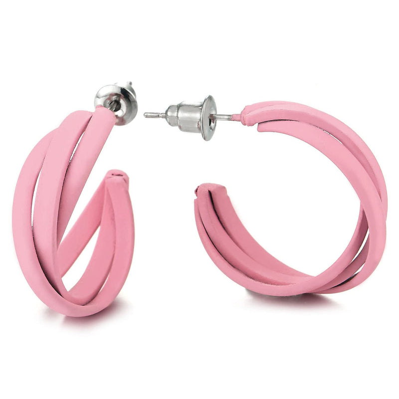 Stylish Pink Braided Stripes Statement Hoop Huggie Hinged Stud Earrings - COOLSTEELANDBEYOND Jewelry