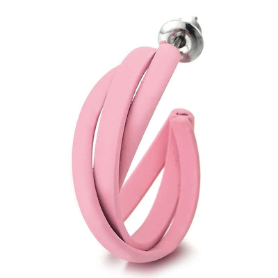 Stylish Pink Braided Stripes Statement Hoop Huggie Hinged Stud Earrings - COOLSTEELANDBEYOND Jewelry