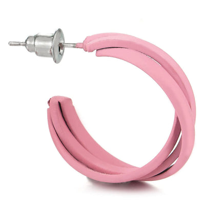 Stylish Pink Braided Stripes Statement Hoop Huggie Hinged Stud Earrings - COOLSTEELANDBEYOND Jewelry
