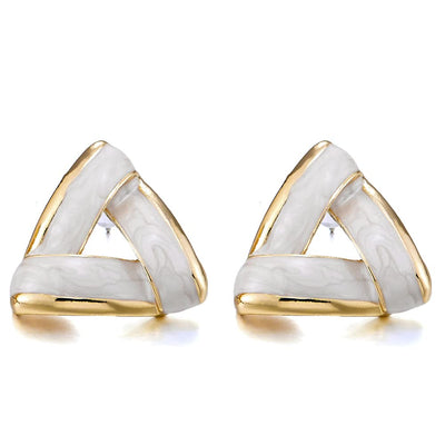 Unique Gold Color Triangle Statement Stud Earrings with Shinny Cream Enamel - COOLSTEELANDBEYOND Jewelry