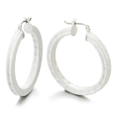 Unique Large White Statement Earrings Grooved Wave Stripes Circle Huggie Hinged Hoop, Party Event - COOLSTEELANDBEYOND Jewelry