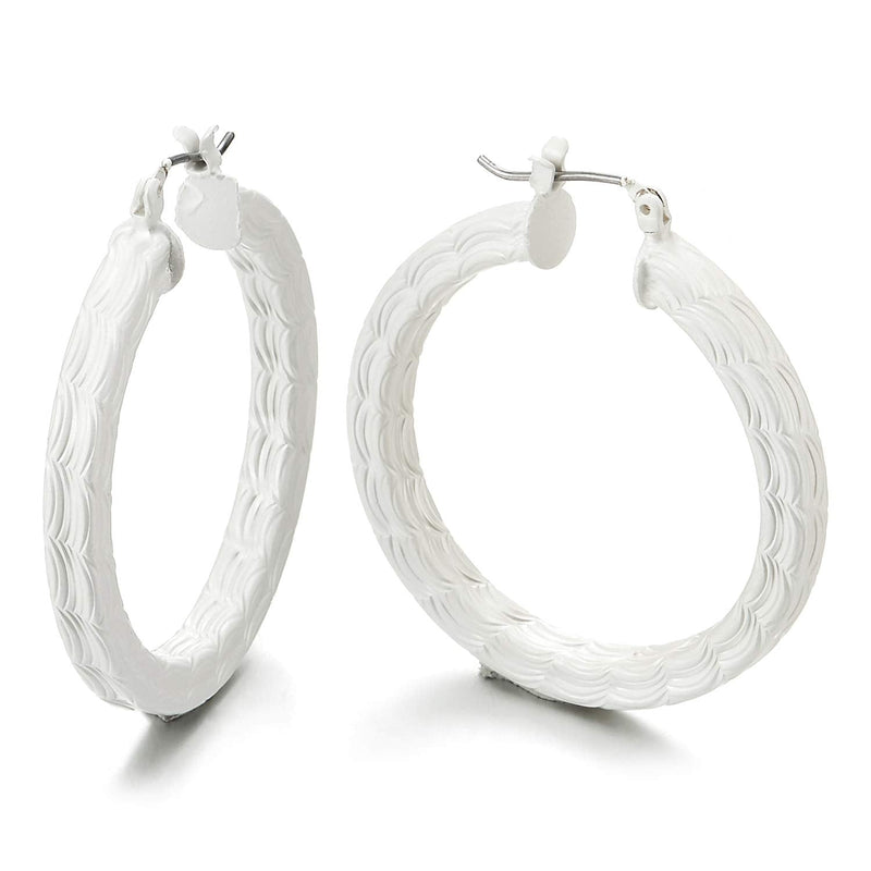 Unique Large White Statement Earrings Grooved Wave Stripes Circle Huggie Hinged Hoop, Party Event - COOLSTEELANDBEYOND Jewelry