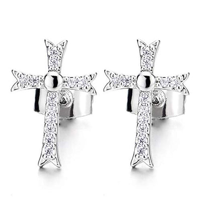 Unisex Mens Womens Cross Stud Earrings with Cubic Zirconia, Exquisite - coolsteelandbeyond