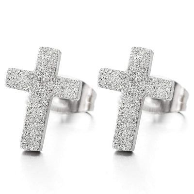 Unisex Mens Womens Satin Cross Stud Earrings of Stainless Steel, Biker, 2 Pcs - coolsteelandbeyond