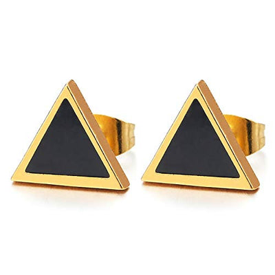 Unisex Mens Womens Stainless Steel Gold Color Triangle Stud Earrings with Black Enamel, 2pcs - coolsteelandbeyond