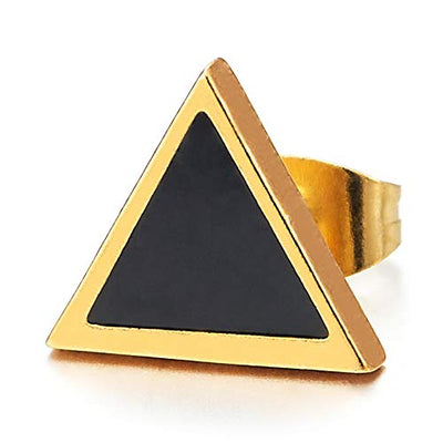 Unisex Mens Womens Stainless Steel Gold Color Triangle Stud Earrings with Black Enamel, 2pcs - coolsteelandbeyond