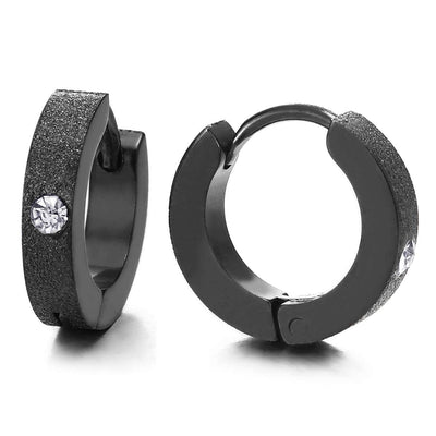 Unisex Mens Womens Stainless Steel Small Black Satin Huggie Hinged Hoop Earrings with Cubic Zirconia - COOLSTEELANDBEYOND Jewelry