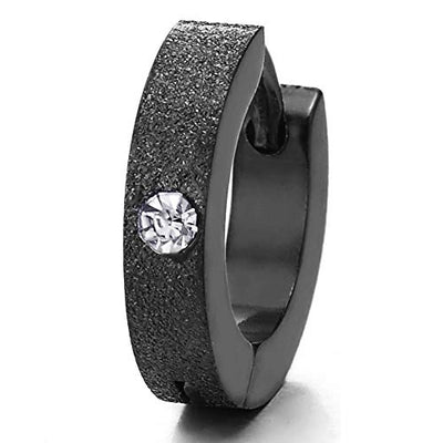 Unisex Mens Womens Stainless Steel Small Black Satin Huggie Hinged Hoop Earrings with Cubic Zirconia - COOLSTEELANDBEYOND Jewelry