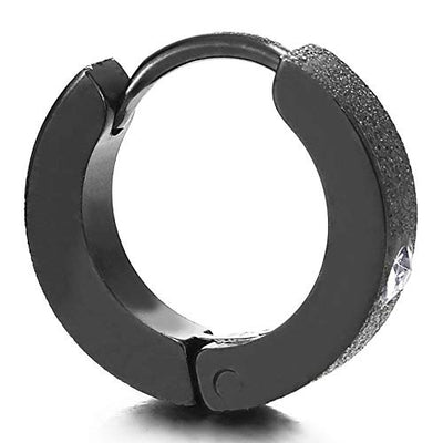 Unisex Mens Womens Stainless Steel Small Black Satin Huggie Hinged Hoop Earrings with Cubic Zirconia - COOLSTEELANDBEYOND Jewelry