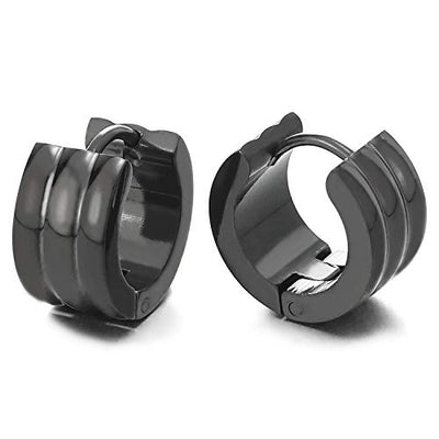 Unisex Pair of Stainless Steel Black Grooved Huggie Hinged Hoop Earrings for Men Women - coolsteelandbeyond