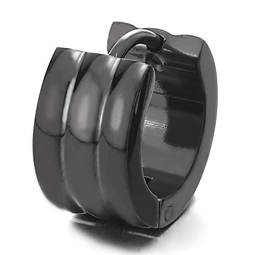 Unisex Pair of Stainless Steel Black Grooved Huggie Hinged Hoop Earrings for Men Women - coolsteelandbeyond