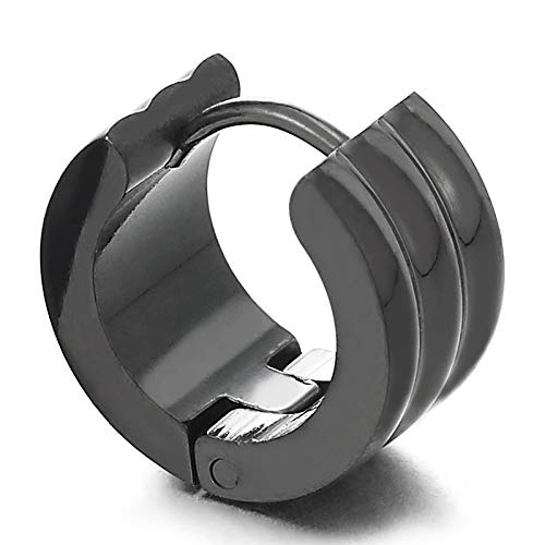 Unisex Pair of Stainless Steel Black Grooved Huggie Hinged Hoop Earrings for Men Women - coolsteelandbeyond