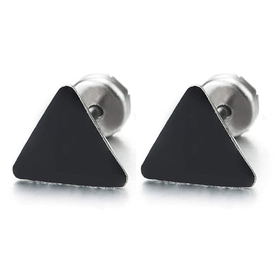 Unisex Small Stainless Steel Black Enamel Triangle Stud Earrings for Man and Women, Screw Back, 2pcs - coolsteelandbeyond