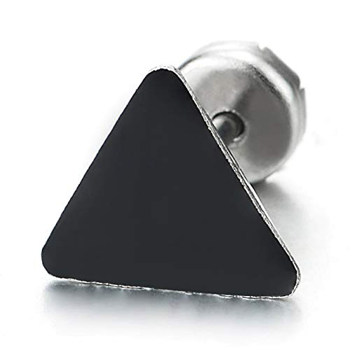 Unisex Small Stainless Steel Black Enamel Triangle Stud Earrings for Man and Women, Screw Back, 2pcs - coolsteelandbeyond