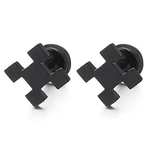 Unisex Stainless Steel Black Plain Square Tetris Cross Stud Earrings for Man Women, Screw Back - coolsteelandbeyond