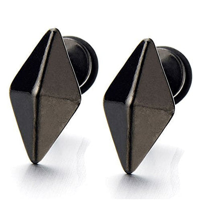 Unisex Stainless Steel Black Slim Pyramid Stud Earrings for Man and Women Screw Back, 2pcs - coolsteelandbeyond