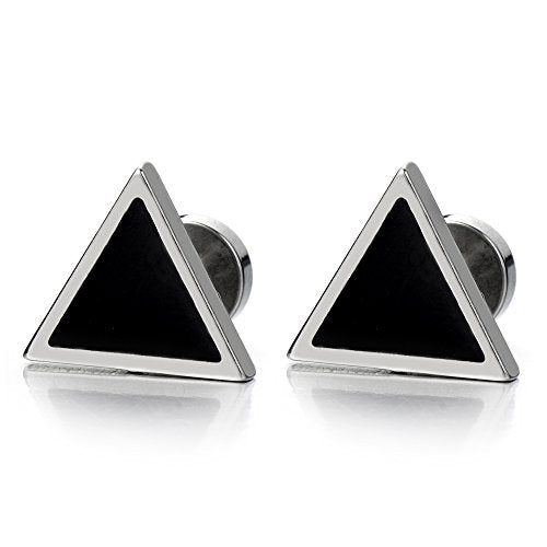 Unisex Stainless Steel Black Triangle Stud Earrings for Man and Women, Screw Back 2pcs - coolsteelandbeyond