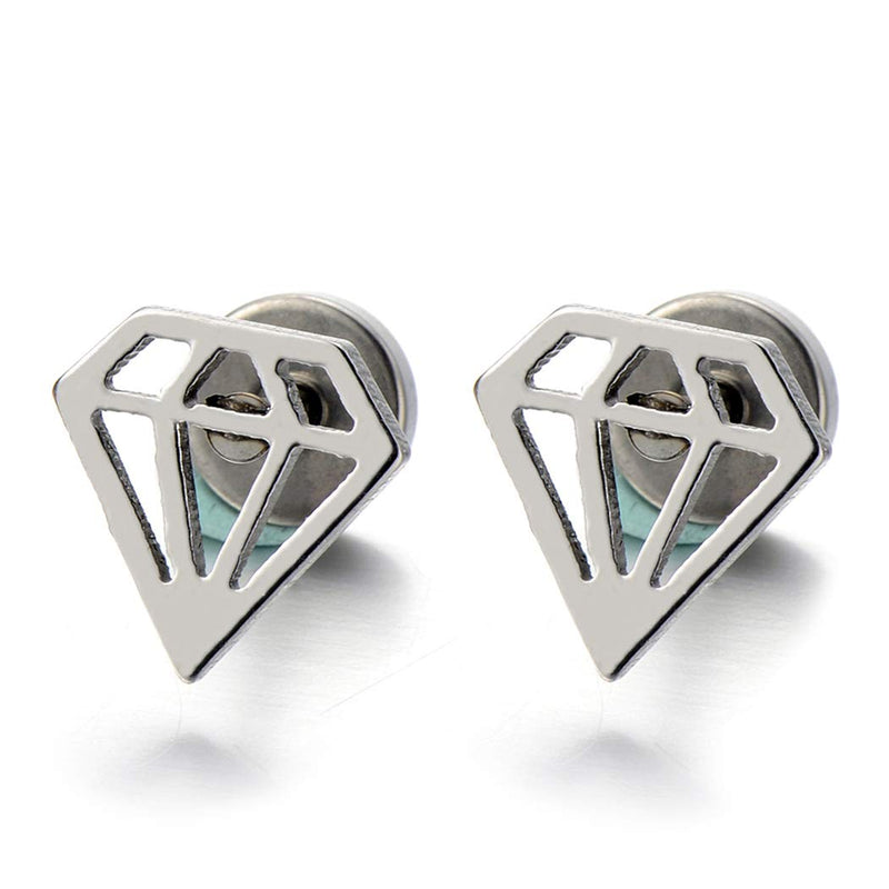 Unisex Stainless Steel Diamond Shaped Stud Earrings for Man and Women Screw Back, 2pcs - coolsteelandbeyond