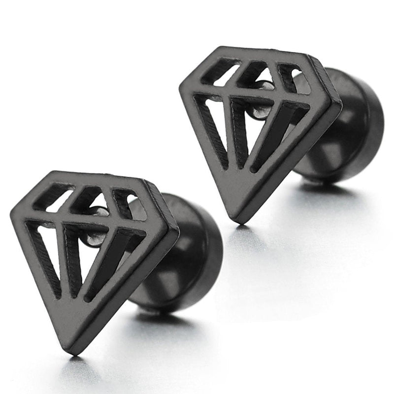 Unisex Stainless Steel Diamond Shaped Stud Earrings for Man and Women Screw Back, 2pcs - coolsteelandbeyond