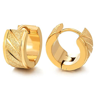 Unisex Stainless Steel Gold Color Grooved Huggie Hinged Hoop Earrings for Men Women, Satin Finishing - COOLSTEELANDBEYOND Jewelry
