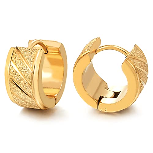 Unisex Stainless Steel Gold Color Grooved Huggie Hinged Hoop Earrings for Men Women, Satin Finishing - COOLSTEELANDBEYOND Jewelry
