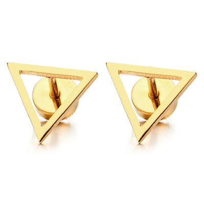 Unisex Stainless Steel Gold Color Open Triangle Stud Earrings for Man and Women, Screw Back 2pcs - COOLSTEELANDBEYOND Jewelry