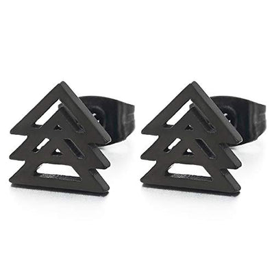 Unisex Stainless Steel Three Stacking Black Triangles Stud Earrings for Men and Women, 2pcs - coolsteelandbeyond