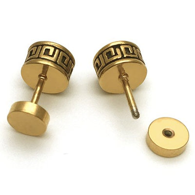 Vintage Black Enamel Gold Circle Stud Earrings for Men Women Steel Cheater Fake Ear Plugs Gauges - coolsteelandbeyond
