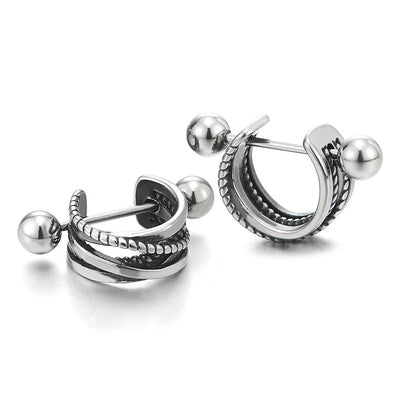 Vintage Stainless Steel Half Braided Circle Huggie Hinged Hoop Earrings for Men Women, 2pcs - coolsteelandbeyond