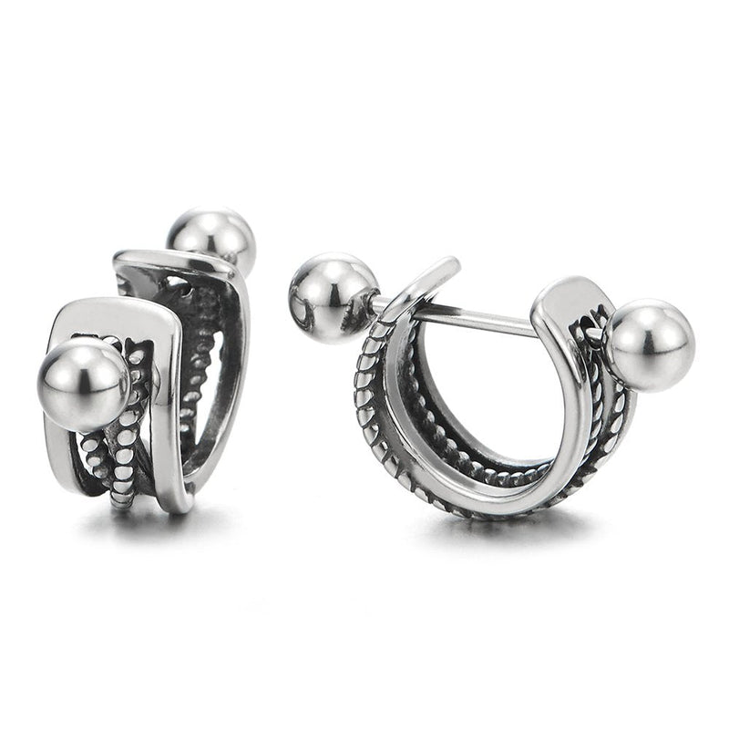 Vintage Stainless Steel Half Braided Circle Huggie Hinged Hoop Earrings for Men Women, 2pcs - coolsteelandbeyond