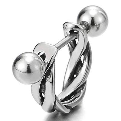 Vintage Stainless Steel Half Braided Circle Huggie Hinged Hoop Earrings for Men Women, Screw Back - coolsteelandbeyond