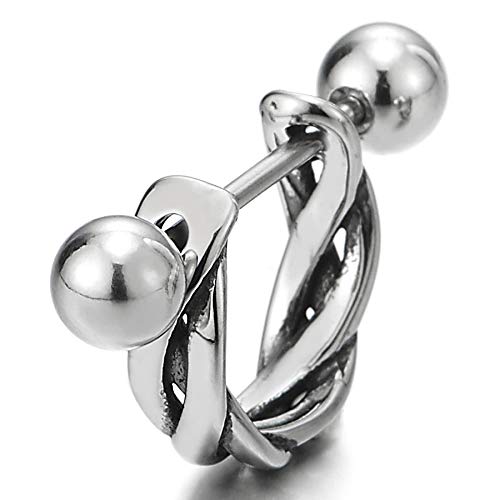Vintage Stainless Steel Half Braided Circle Huggie Hinged Hoop Earrings for Men Women, Screw Back - coolsteelandbeyond