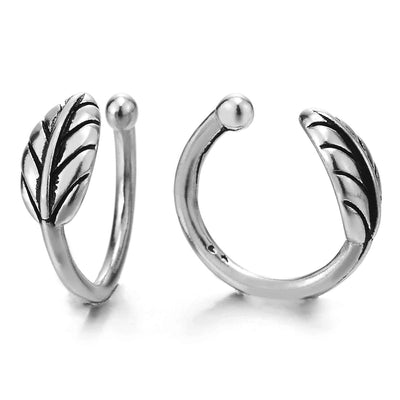 Vintage Stainless Steel Leaf Hook Ear Cuff Ear Clip Non-Piercing Clip On Earrings for Men Women - COOLSTEELANDBEYOND Jewelry