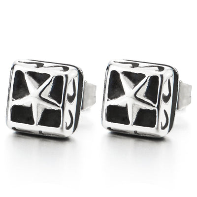 Vintage Stainless Steel Silver Black Pentagram Star Square Stud Earrings for Men and Women, 2pcs - coolsteelandbeyond