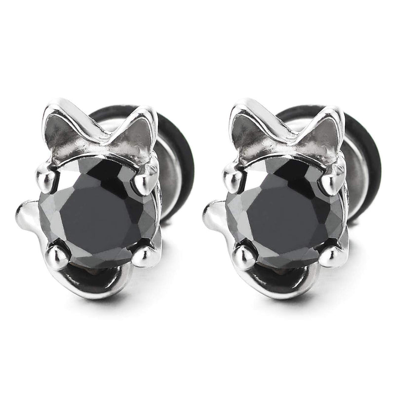 Vintage Stainless Steel Womens Cat Kitten Stud Earrings with Black Cubic Zirconia, 2 pcs - COOLSTEELANDBEYOND Jewelry